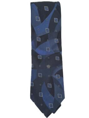 Versace Memorabilia Silk Tie with Geometric Pattern Elegant Dark Blue Design EUC